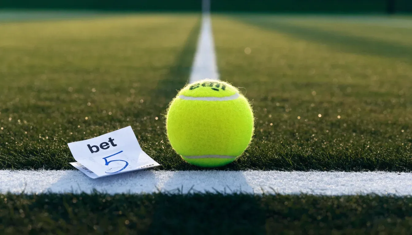 Ein gelber Tennisball liegt im Gras neben der weissen Grundlinie, Tau glitzert auf den Halmen im flachen Sonnenlicht.