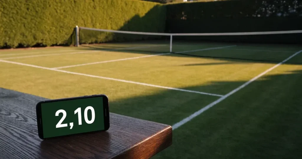 Ein Tennisplatz aus Rasen im ersten Morgenlicht mit frisch gezogenen Linien, einem Netz und einem leeren Schiedsrichterstuhl, dahinter hohe Hecken.