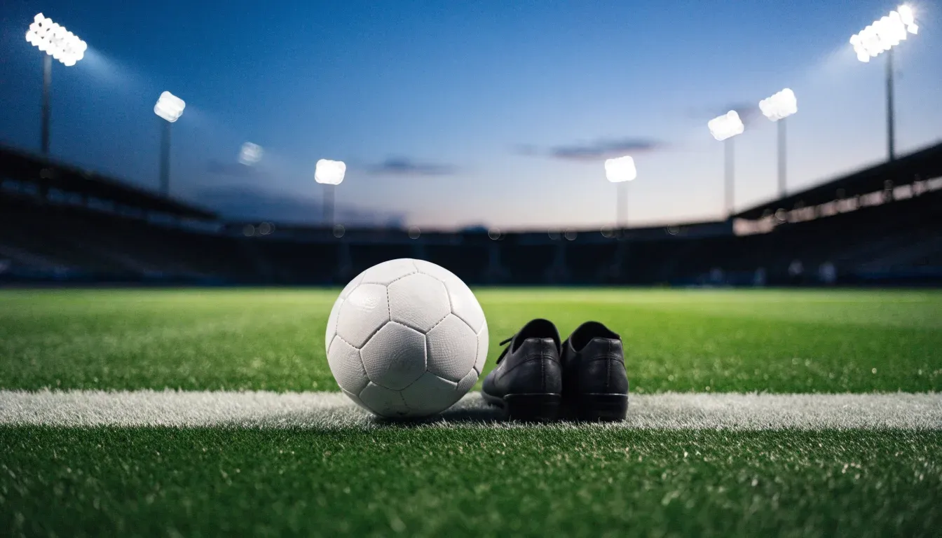 Ein Fussball und ein Paar Stollenschuhe stehen am Rand eines Kunstrasenplatzes, Flutlichtmasten ragen in den Abendhimmel.