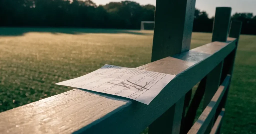 Ein Vorhängeschloss hängt an einem Holztor neben einem Fussballplatz im Morgenlicht, der Rasen ist taufeucht.