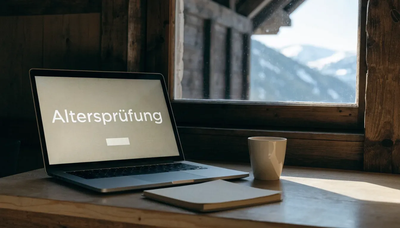 Eine Berghütte im Schnee mit rauchendem Kamin steht vor klarem Himmel, ein Pfad führt in die Stille.