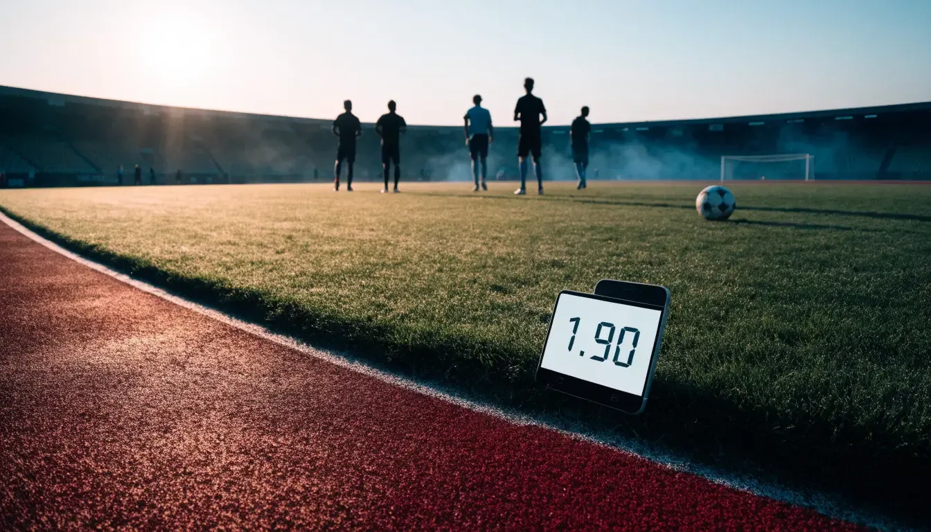 Eine rote Laufbahn umringt ein Fussballfeld beim Sonnenaufgang, auf dem Rasen liegt Tau.