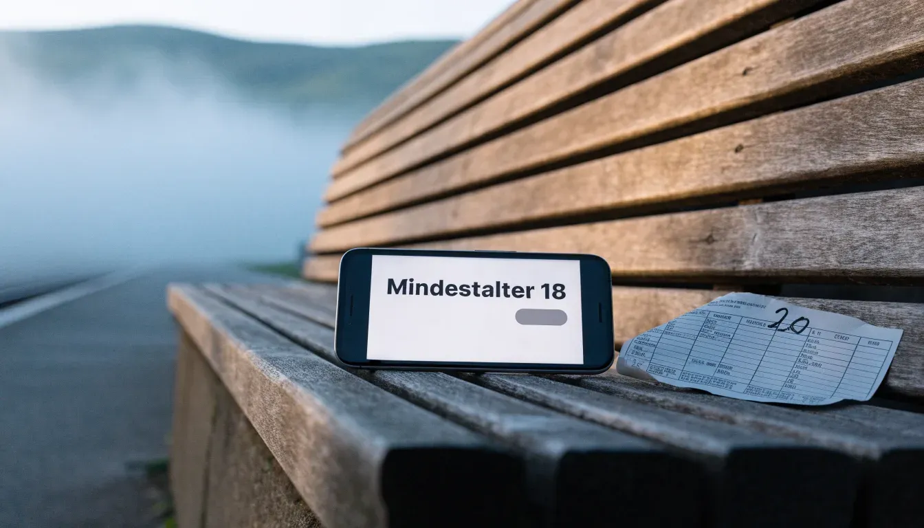 Ein leerer Bahnsteig mit einer Holzbank im Morgennebel, dahinter sanfte Hügel.