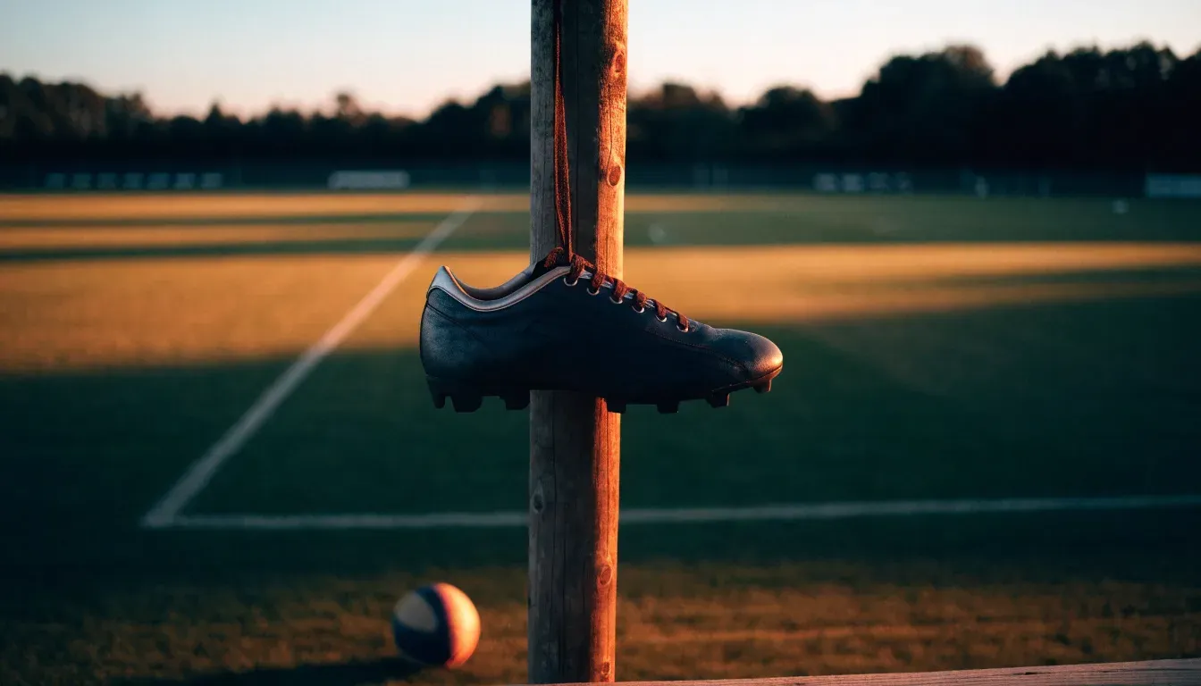 Ein Fussballschuh hängt an den Schnürsenkeln an einem Zaunpfosten neben einem Trainingsplatz im Abendlicht.