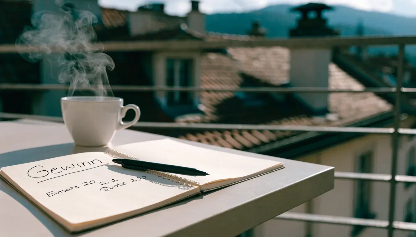 Eine Kaffeetasse und ein aufgeklappter leerer Notizblock stehen auf einem Balkontisch mit Blick über Hausdächer.