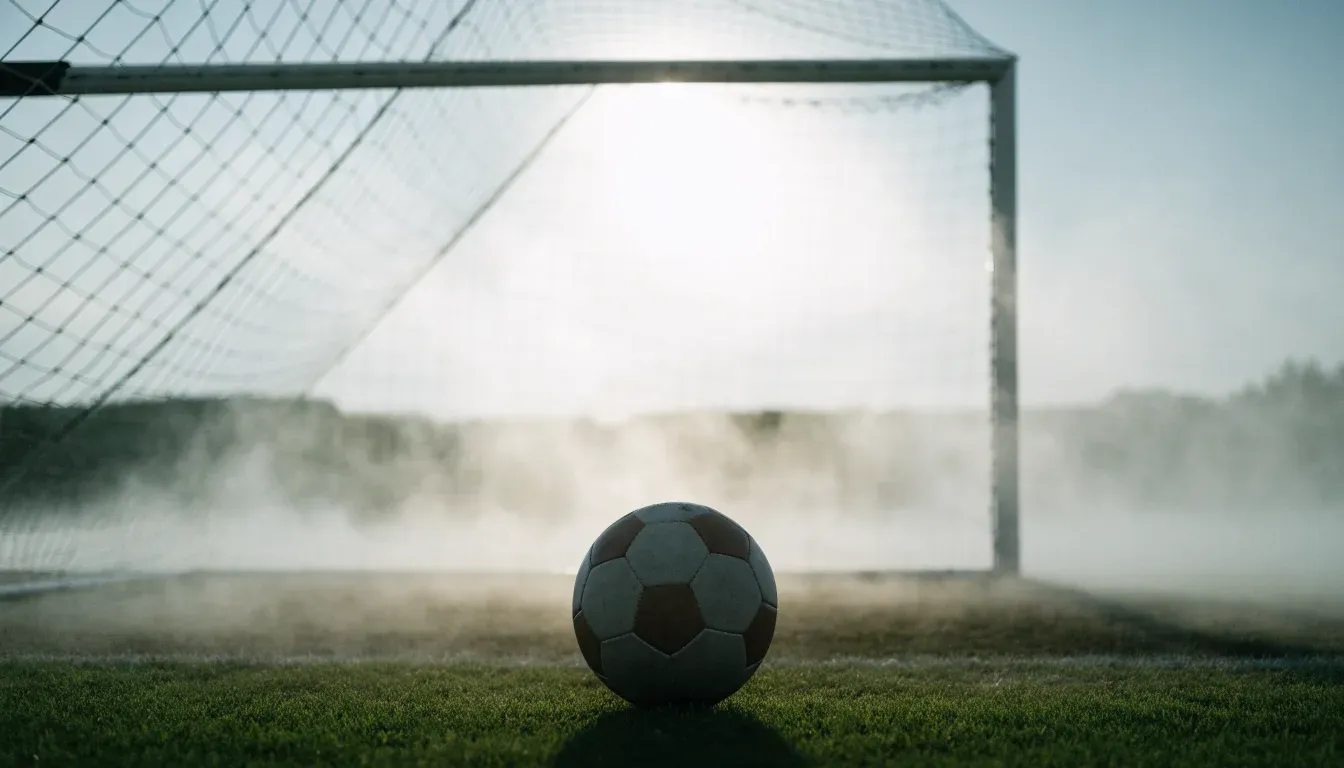 Ein Torpfosten mit Netz steht im Gegenlicht auf einem leeren Fussballplatz, über dem Rasen liegt Nebel.