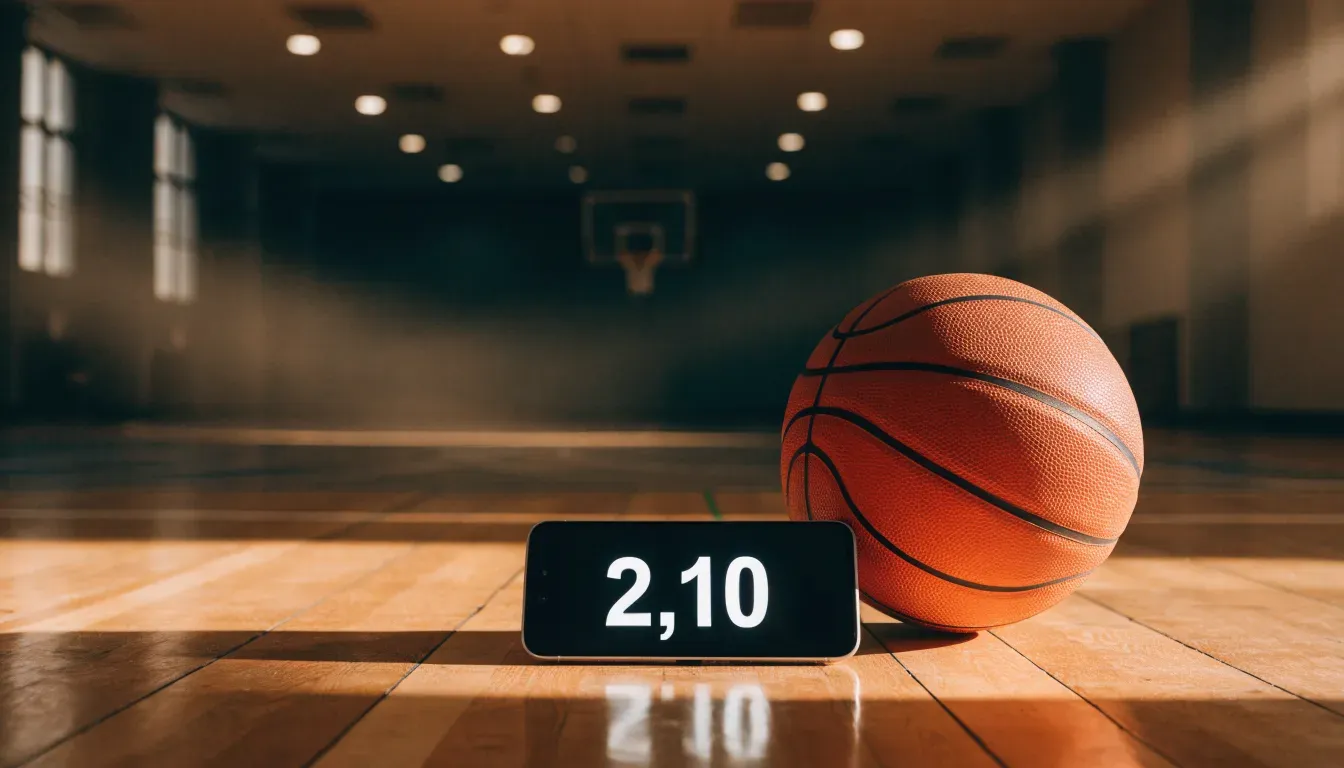 Ein Basketball liegt auf dem Parkett einer leeren Sporthalle im Licht der Deckenlampen.