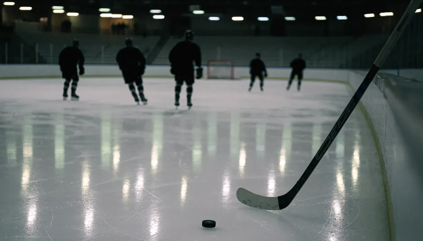 Ein Eishockeyschläger lehnt an der Bande einer leeren Halle, auf dem Eis spiegeln sich die Deckenlampen.