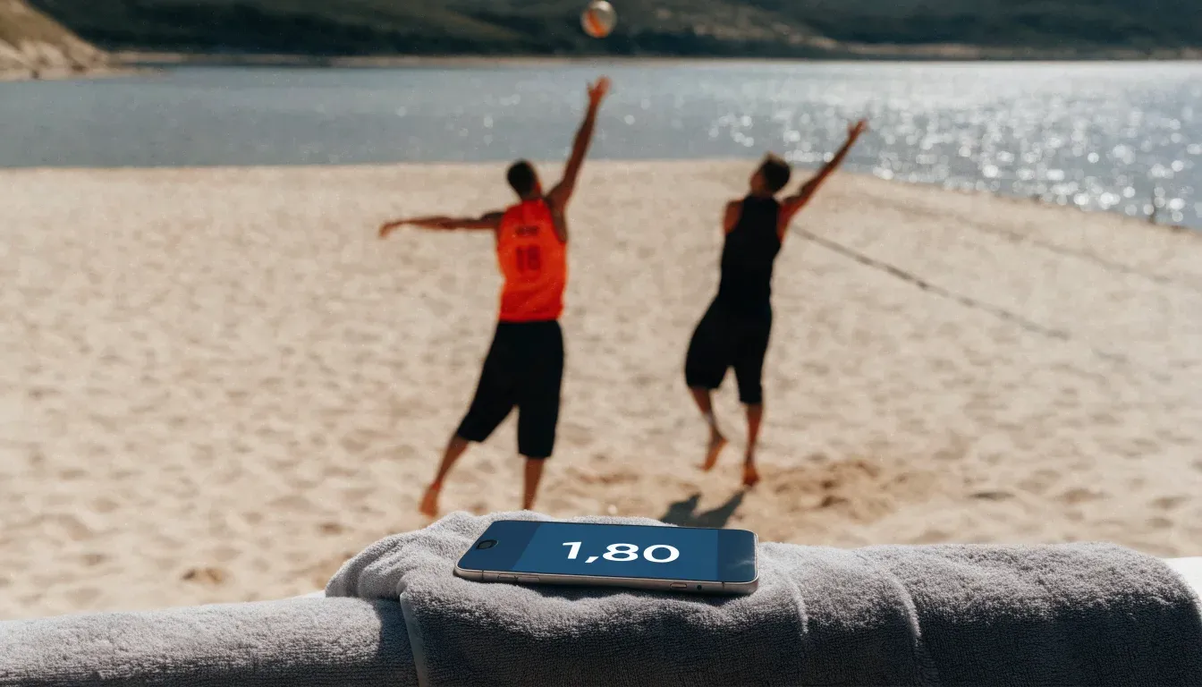 Ein Volleyball liegt auf dem Sand eines Strandfeldes am Seeufer, im Hintergrund glitzert das Wasser.