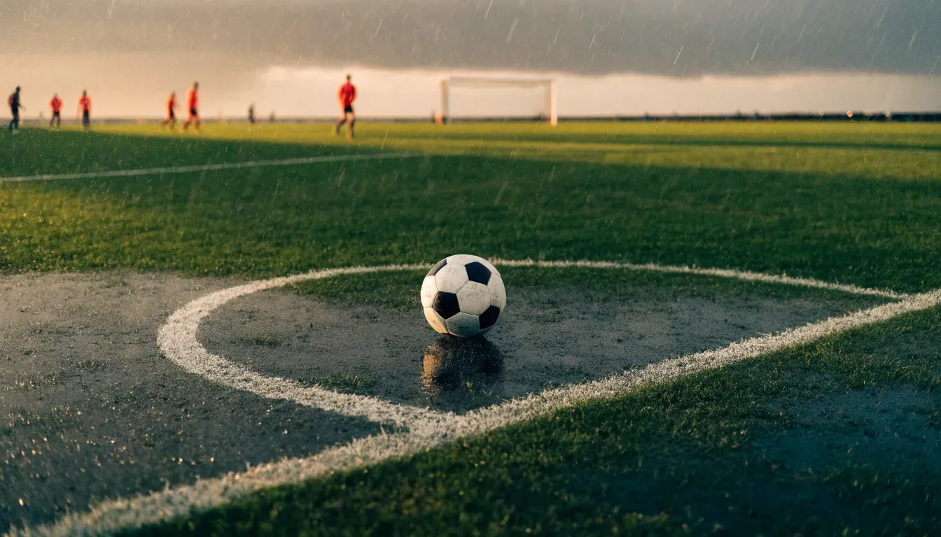 Ein einzelner Fussball liegt auf dem Elfmeterpunkt eines leeren Strafraums, der Rasen glänzt nass.