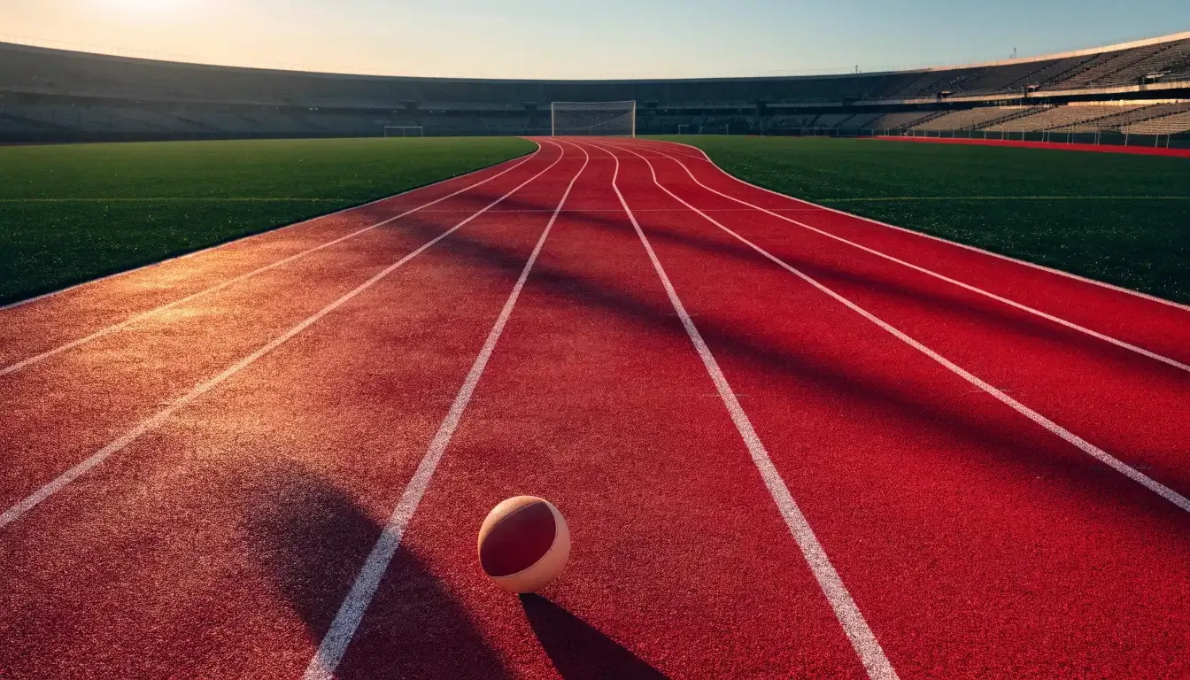 Eine rote Laufbahn in einem leeren Stadion bei Sonnenaufgang, die Bahnen ziehen sich in die Kurve.