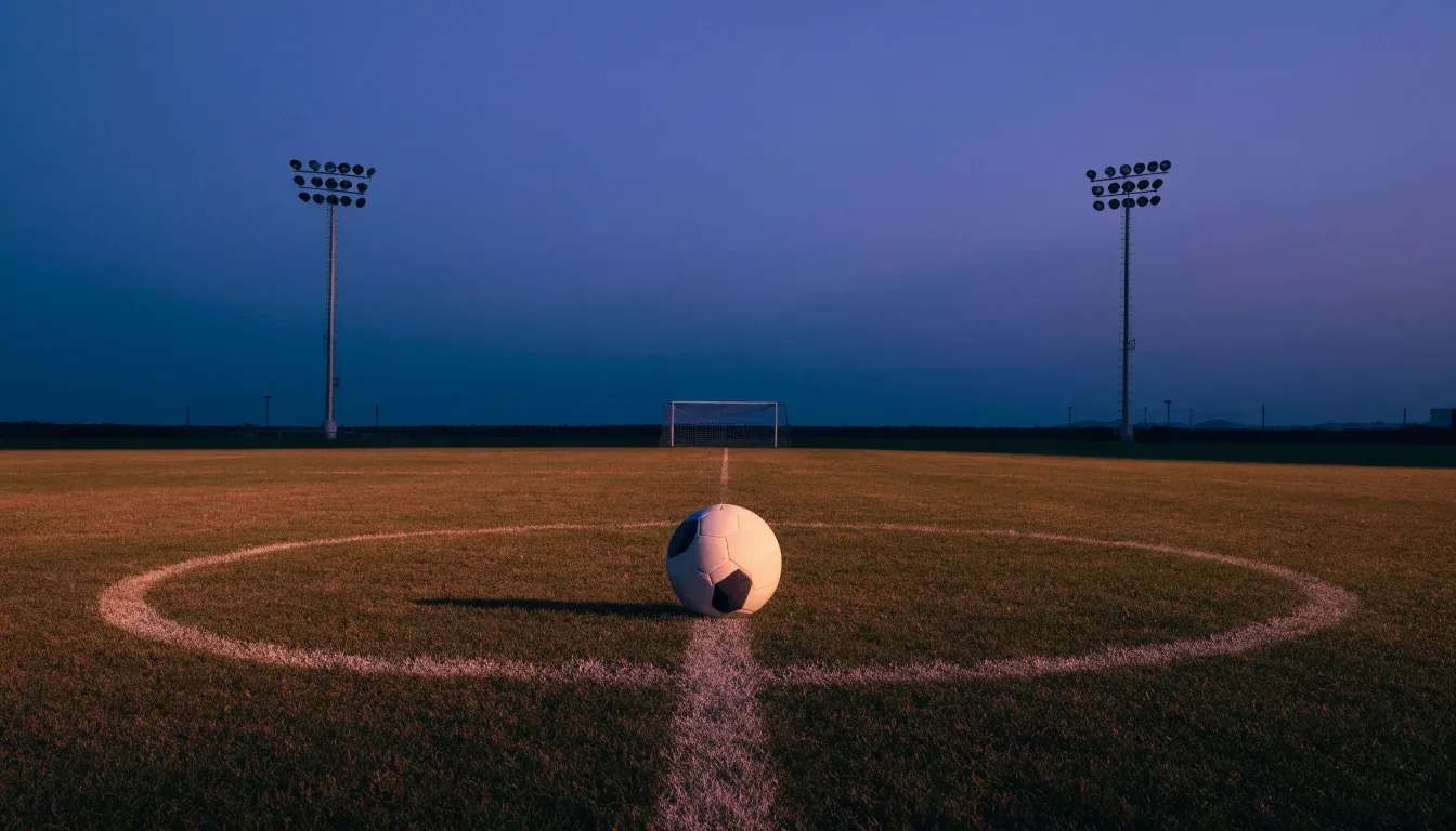 Ein Fussball liegt auf dem Mittelpunkt eines leeren Rasenplatzes, im Hintergrund ragen Flutlichtmasten in die Abenddämmerung