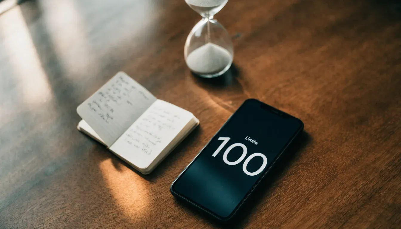 Eine Sanduhr steht neben einem Smartphone mit dunklem Display auf einem Holztisch, ruhiges Tageslicht fällt von der Seite ein