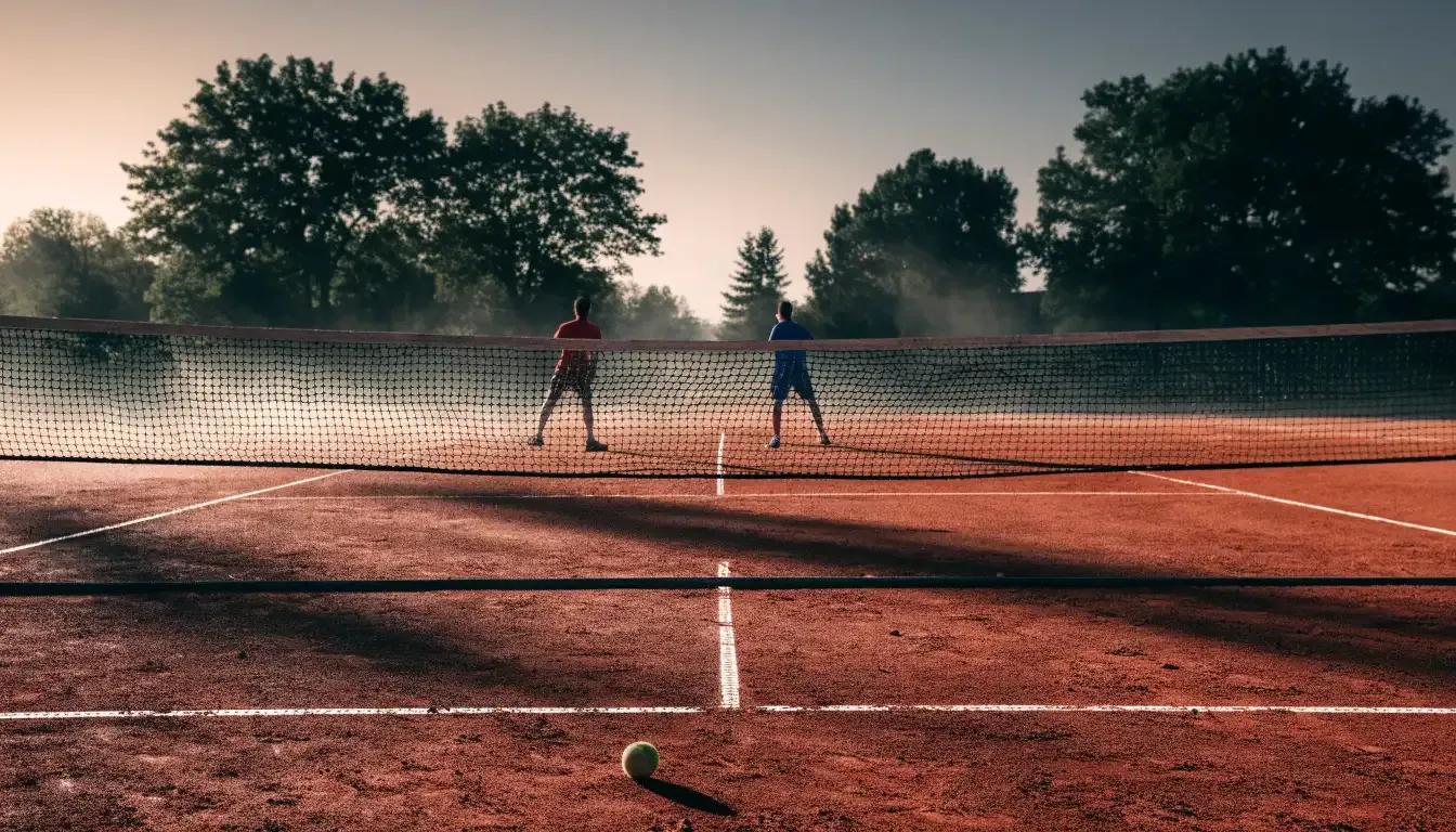 Ein Tennisplatz mit Sandbelag in der Morgendämmerung, Netz und Linien liegen im ersten Licht, Nebel hängt über dem Boden