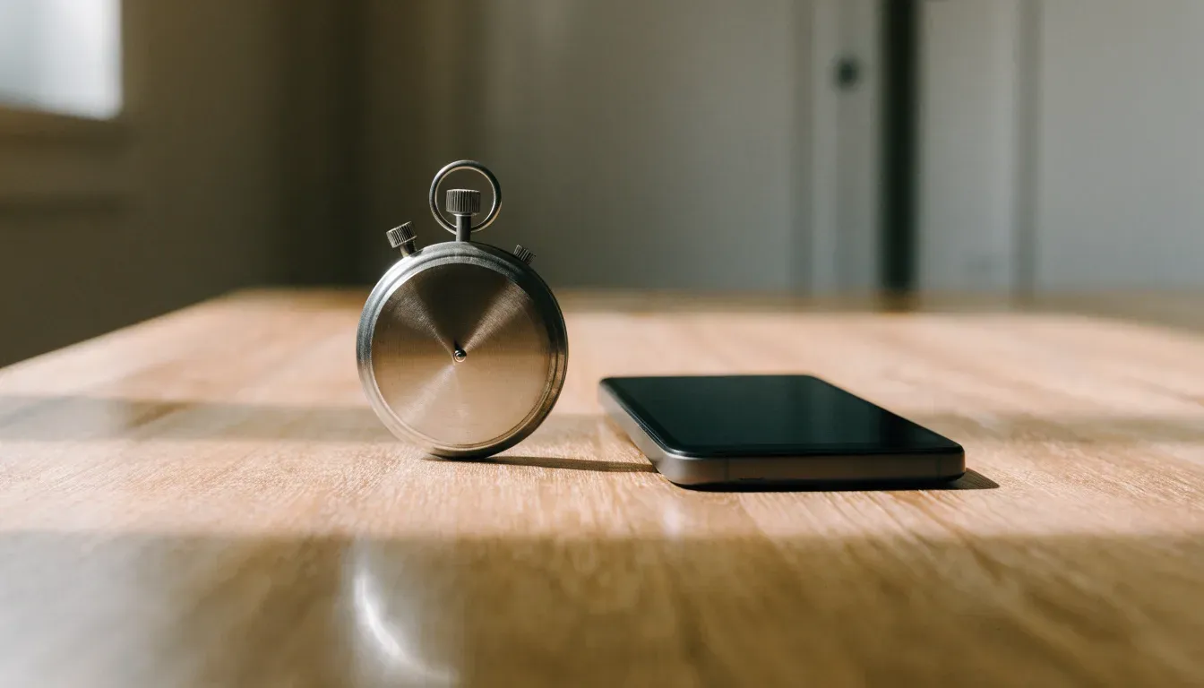 Eine Stoppuhr und ein Smartphone mit dunklem Display liegen nebeneinander auf einem Holztisch, weiches Fensterlicht
