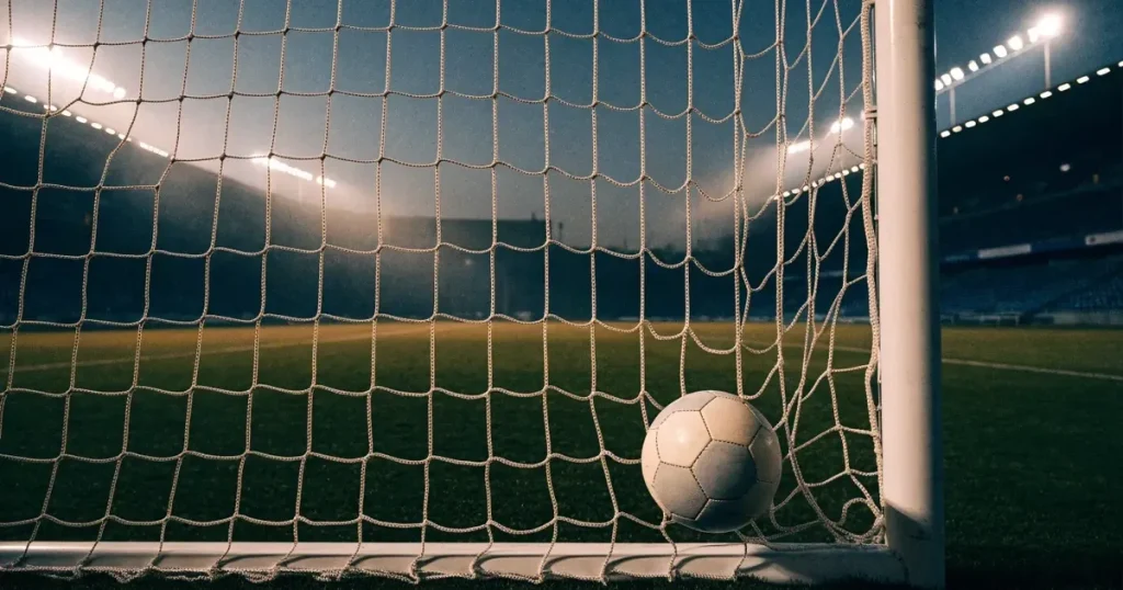 Ein Fussball liegt im Netz eines Tores, Flutlicht und kalte Abendluft liegen über dem leeren Platz