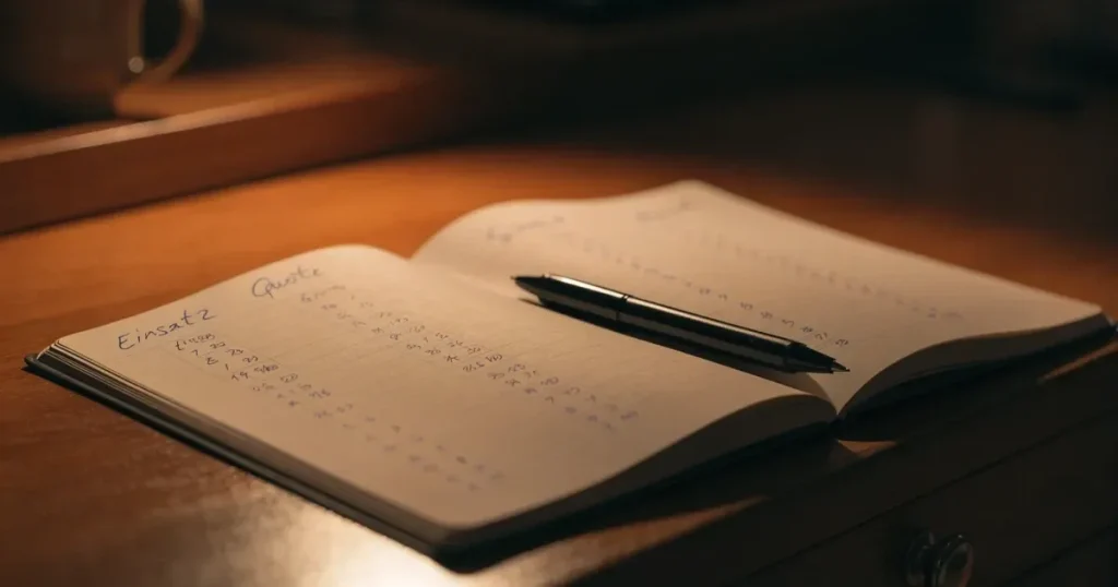 Ein Notizbuch mit handschriftlichen Spalten und ein Kugelschreiber neben einem Taschenrechner, Licht einer Schreibtischlampe