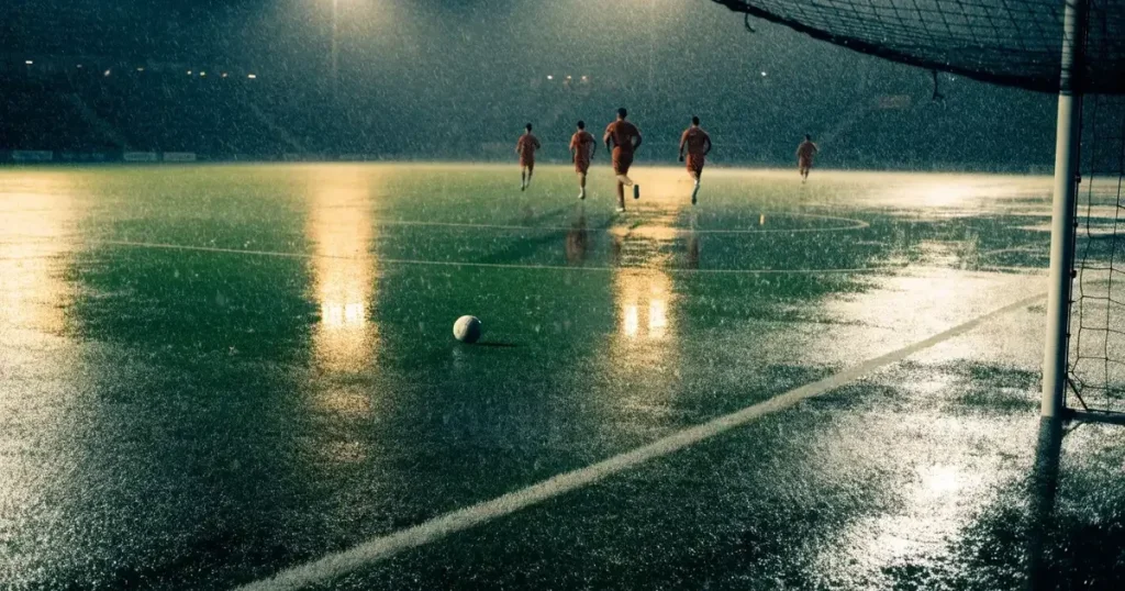 Ein Fussballplatz mit Kunstrasen im Regen, Pfützen spiegeln das Licht der Flutlichtmasten