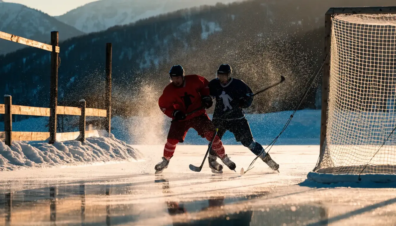 Ein Eishockeyfeld im Freien auf einem zugefrorenen See, Schneewehen an den Banden, klare Winterluft