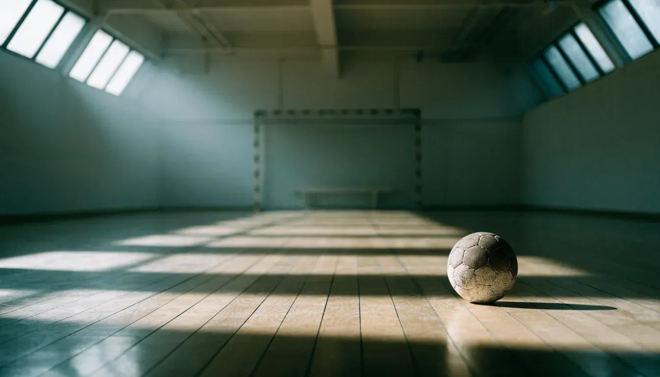 Ein Handball liegt auf dem Hallenboden einer leeren Sporthalle, Streifen von Licht aus den Oberlichtern