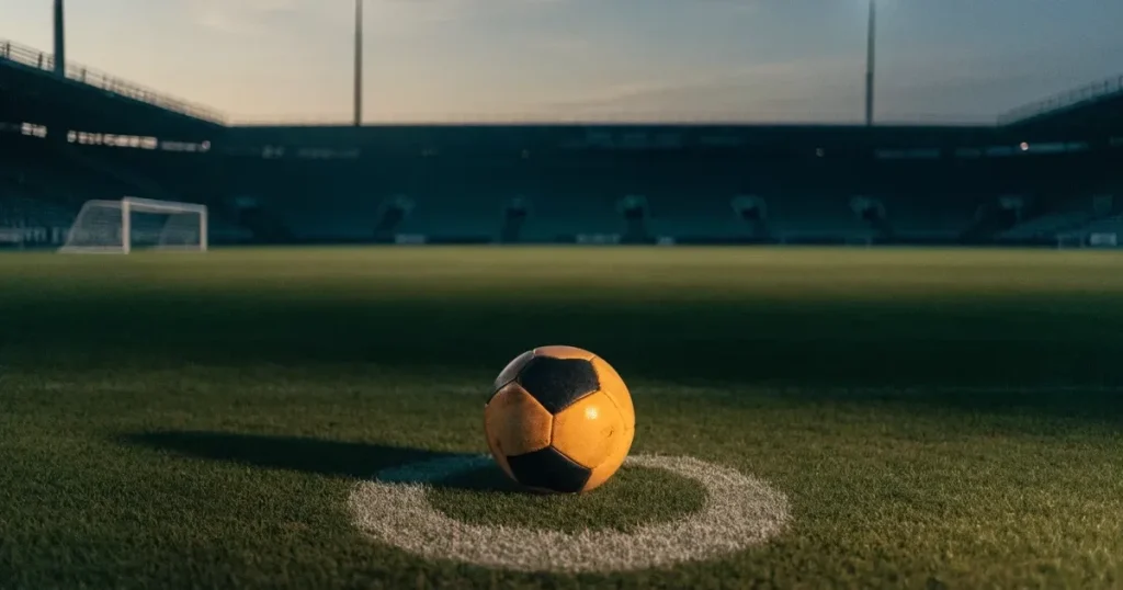 Ein Fussball liegt auf dem Anstosspunkt eines leeren Rasenplatzes in der Abenddämmerung, im Hintergrund leuchten Flutlichtmasten.