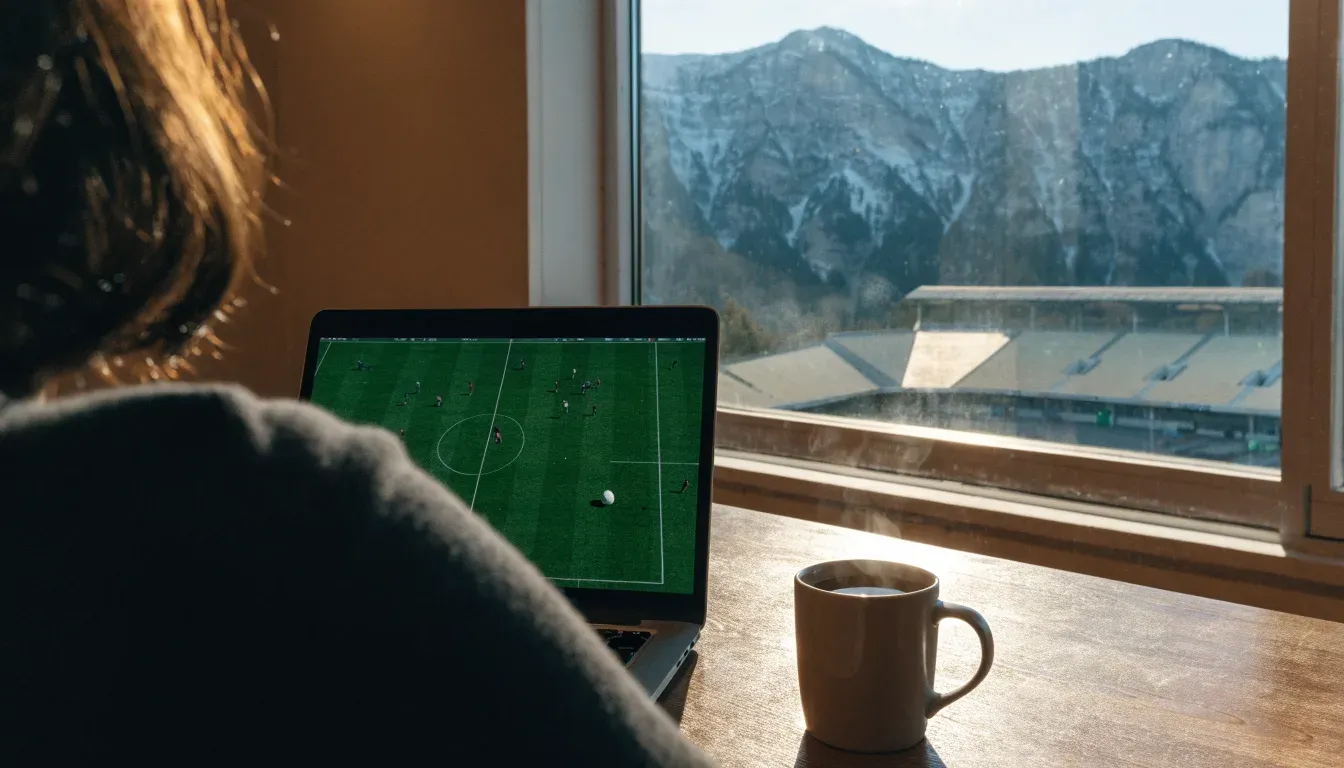 Schneebedeckte Berggipfel erheben sich im klaren Morgenlicht hinter einem leeren Stadion mit hellen Zuschauerrängen.