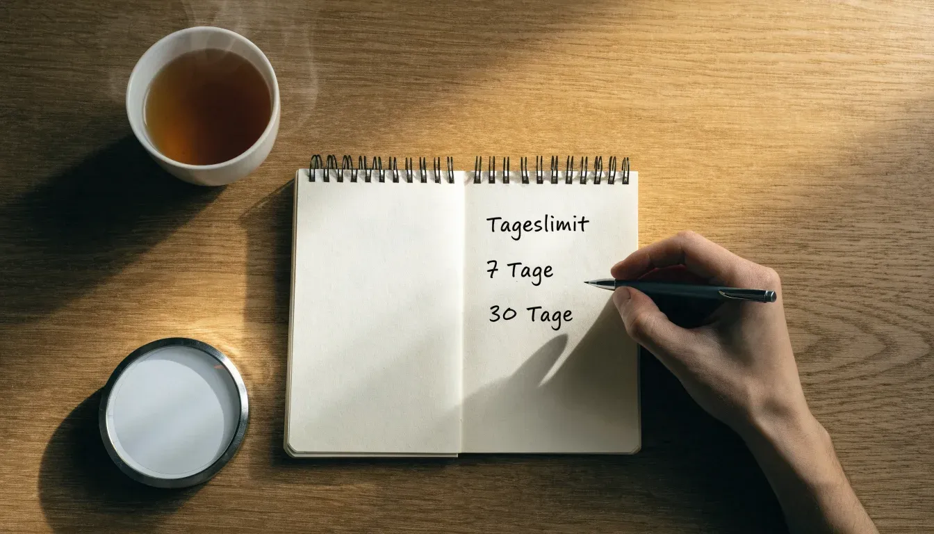 Eine Sanduhr steht neben einem Notizbuch mit handschriftlichen Notizen auf einem Holztisch, daneben dampft eine Tasse Tee.