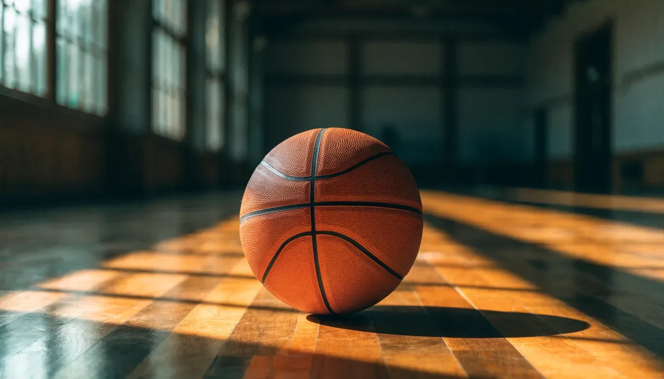 Ein Basketball ruht auf dem polierten Parkett einer leeren Halle, Nachmittagslicht fällt durch hohe Fenster.