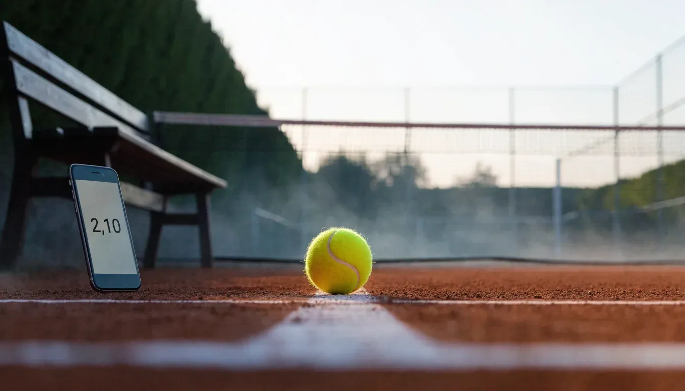 Ein gepflegter Tennisplatz im Morgengrauen, über der Grundlinie hängt leichter Nebel und die Bänke am Rand sind leer.