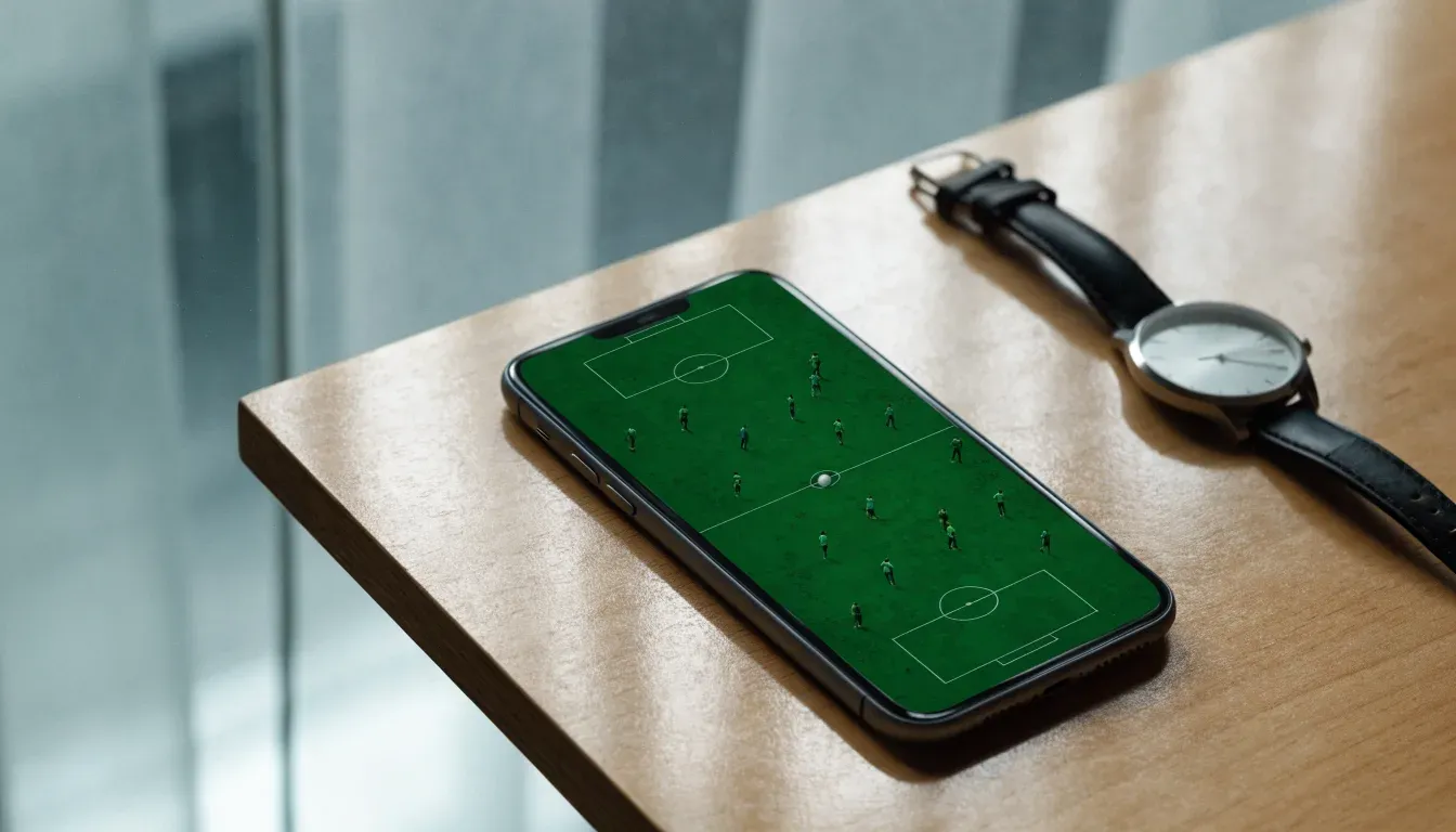 Ein Smartphone liegt mit dem Display nach unten auf einem Tisch neben einer Armbanduhr, im Hintergrund ein unscharfes Fenster.
