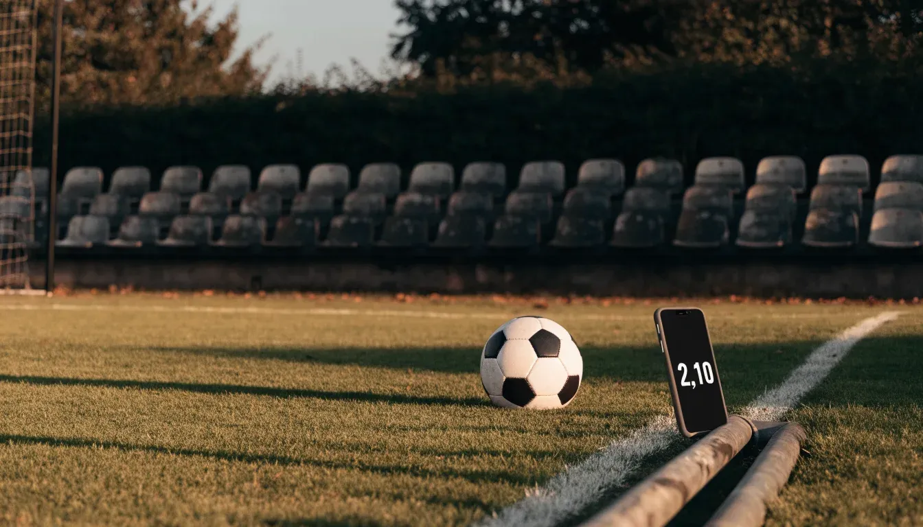 Leere Zuschauerränge eines kleinen Stadions im Herbstlicht, davor ein Rasenplatz mit frisch gezogenen Linien.