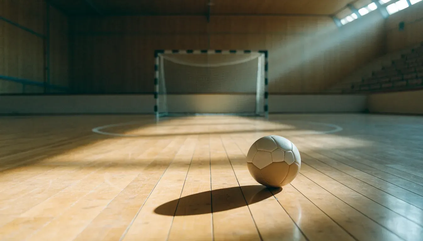 Ein Handball liegt am Rand des Torraums in einer leeren Sporthalle, Licht fällt durch Oberlichter auf den Hallenboden.