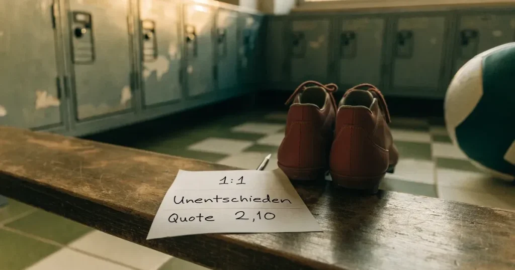 Zwei Fussballschuhe stehen nebeneinander auf einer Holzbank in einer leeren Umkleidekabine.
