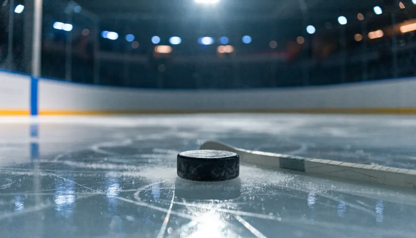 Ein Eishockeypuck und ein Schläger liegen auf einer glänzenden Eisfläche, im Hintergrund verschwimmen leere Banden.