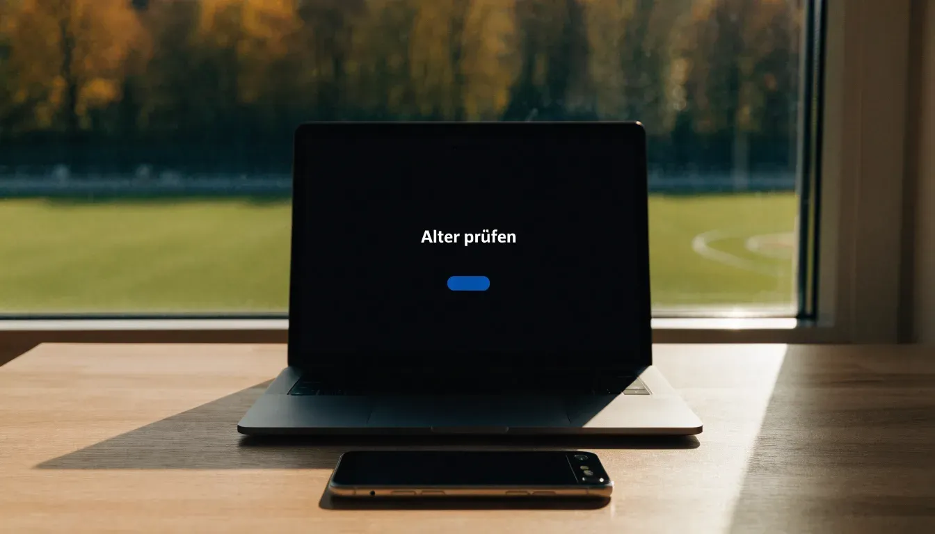 Eine leere Holztribüne steht am Waldrand neben einem kleinen Sportplatz im Herbstlicht.