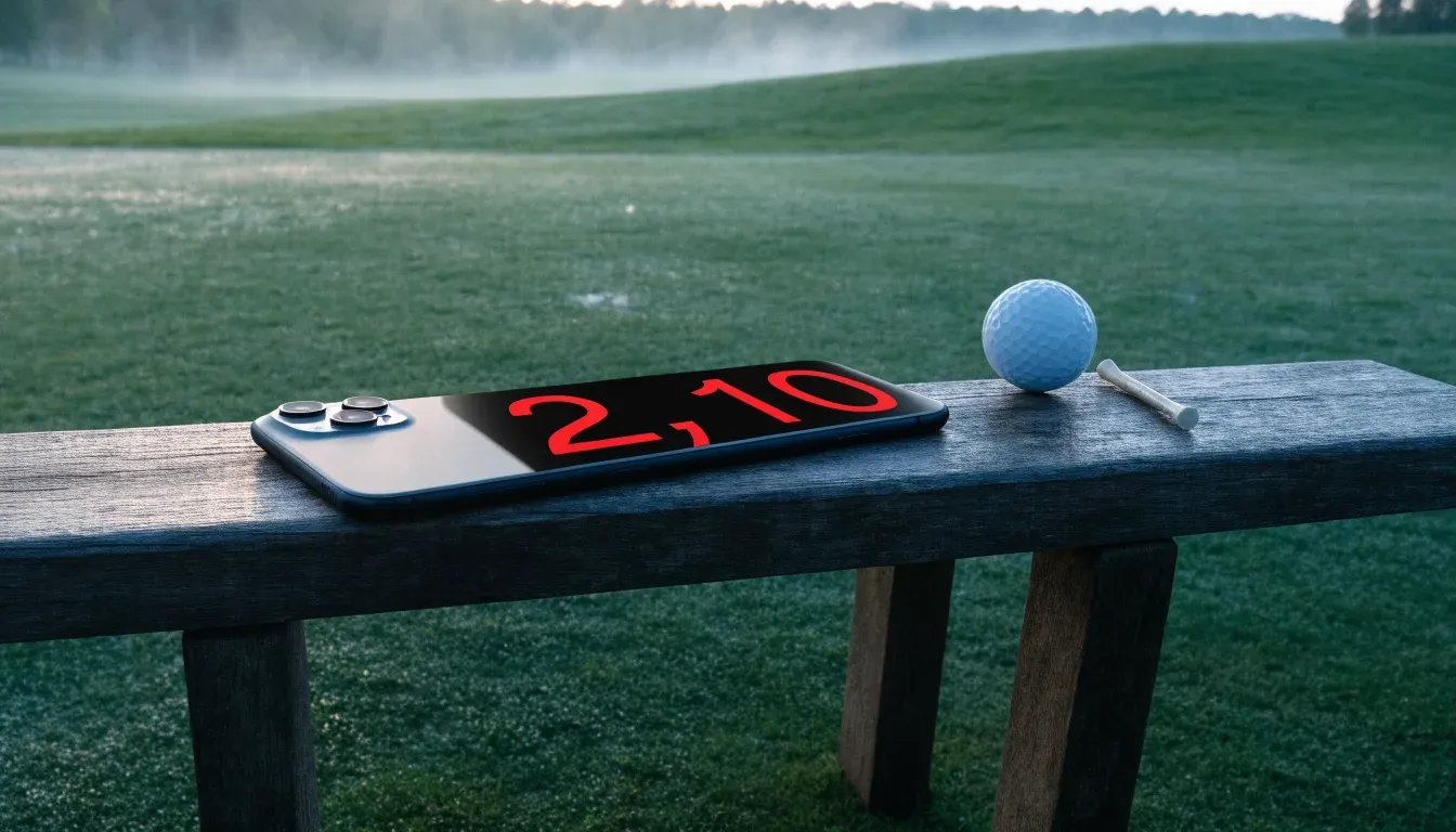 Ein Golfgrün bei Sonnenaufgang mit Tau auf dem Rasen, die Fahnenstange fehlt und im Hintergrund ziehen Nebelschwaden.