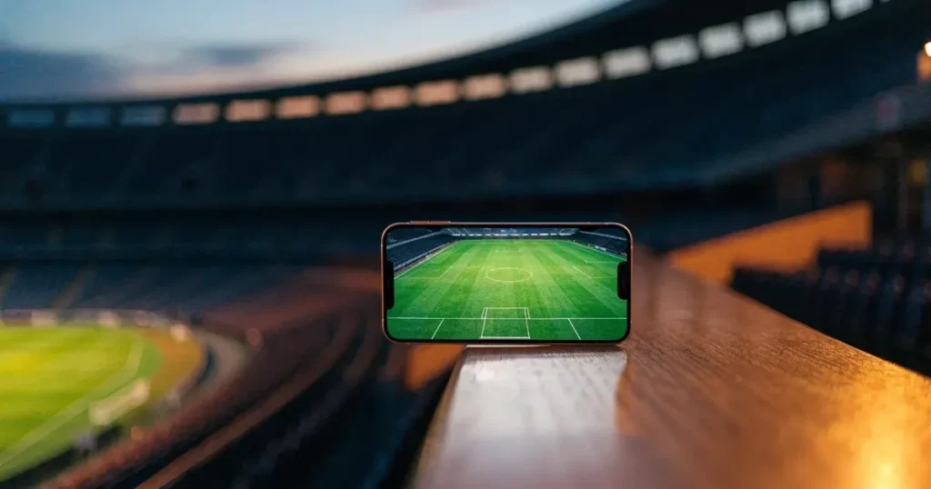 Ein leerer Ledersessel steht in einer Stadionloge mit Blick auf das Spielfeld im Abendlicht.