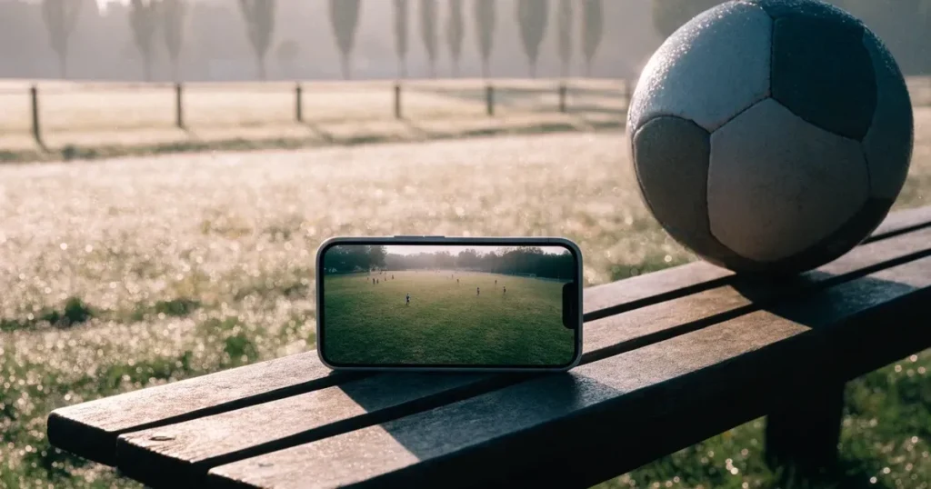 Ein Smartphone mit dunklem Bildschirm liegt neben einem Fussball auf einer Holzbank am Rand eines Trainingsplatzes im Morgenlicht.