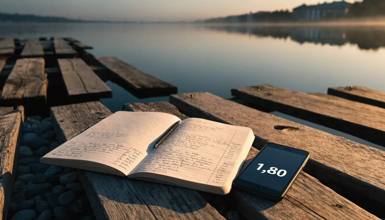Ein Stapel flacher Kieselsteine liegt am Seeufer in der Morgendämmerung, das Wasser ist spiegelglatt.