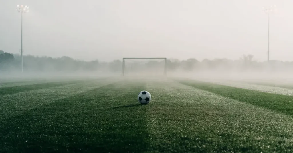 Ein Fussball liegt auf dem Anstosspunkt eines leeren Rasenplatzes im dichten Morgennebel.