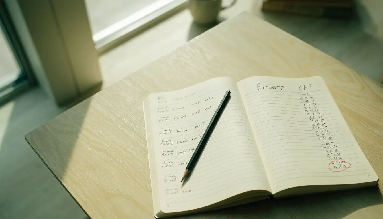 Ein aufgeschlagenes Notizbuch mit handschriftlichen Spalten und ein Bleistift liegen auf einem Holztisch neben einem Fenster.