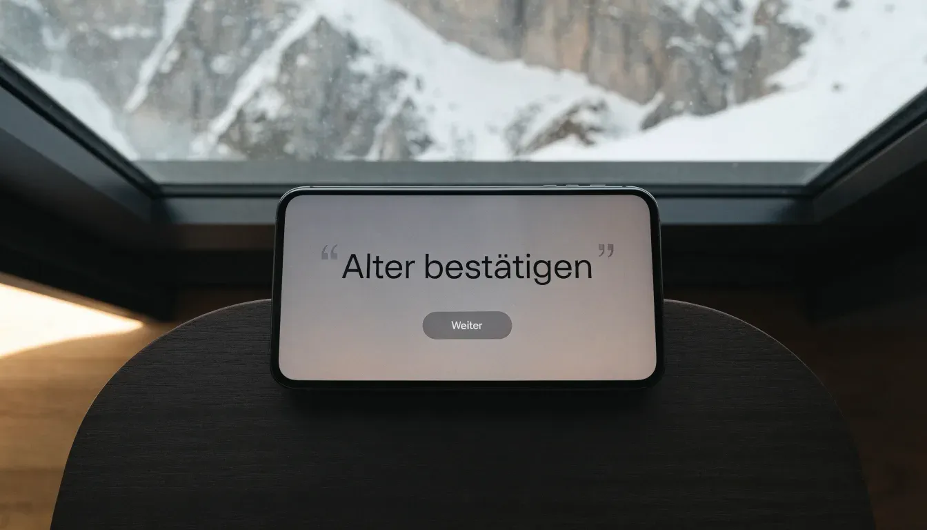 Hinter einem leeren Stadion ragen verschneite Berggipfel in den klaren Morgenhimmel, davor ein Parkplatz im ersten Sonnenlicht.