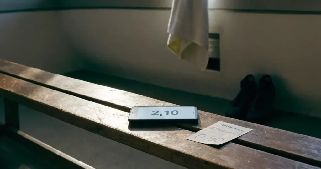 Ein Paar Fussballschuhe steht auf einer Holzbank in einer leeren Umkleide, über der Bank hängt ein Handtuch.