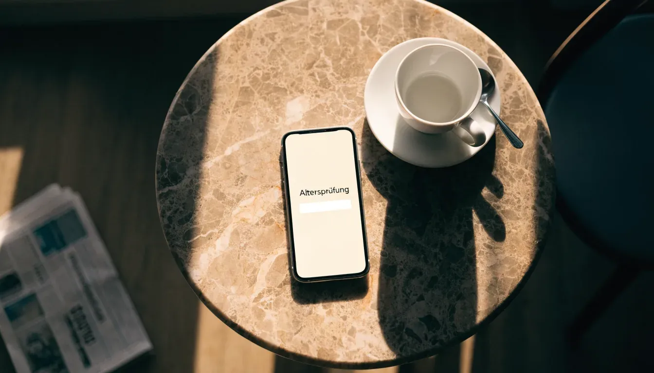 Ein Smartphone liegt mit der Rückseite nach oben auf einem Kaffeehaustisch neben einer Tasse und einem Löffel.
