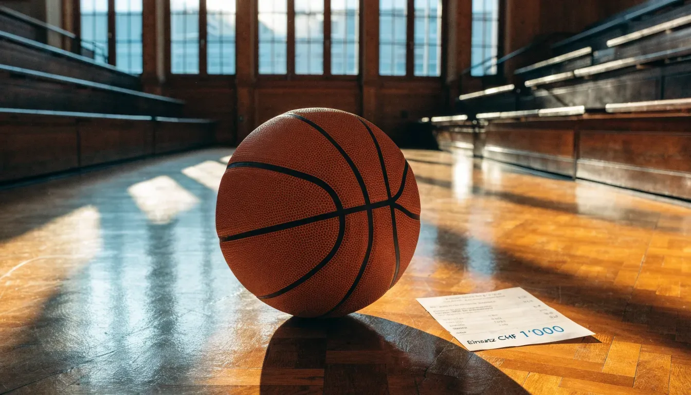 Ein Basketball ruht auf dem Parkett einer leeren Sporthalle, durch hohe Fenster fällt Tageslicht.