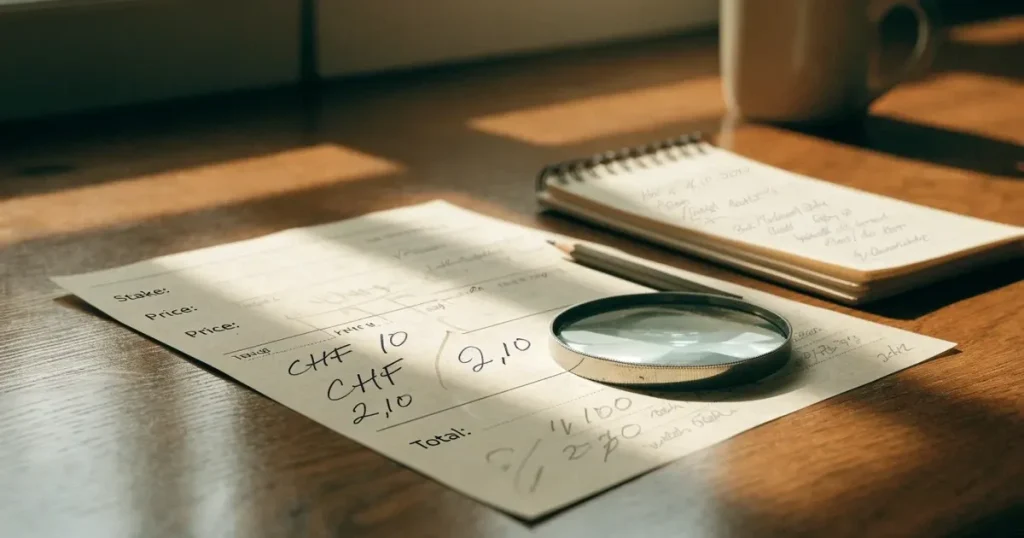Eine Lupe liegt auf einem karierten Blatt neben einem Bleistift, das Licht fällt schräg durch ein Fenster.
