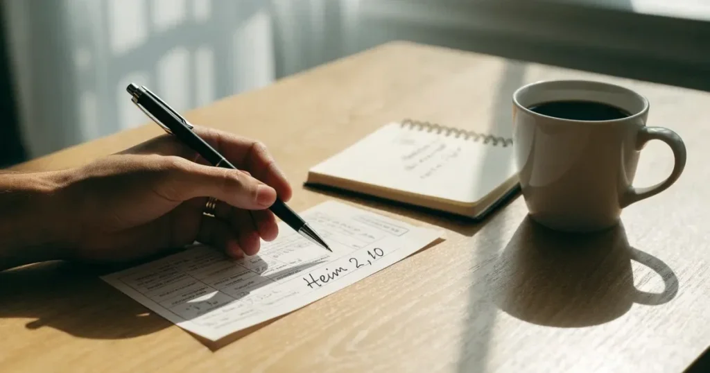 Eine Hand hält einen Stift über einem leeren Blatt, daneben eine Tasse Kaffee auf einem hellen Tisch.