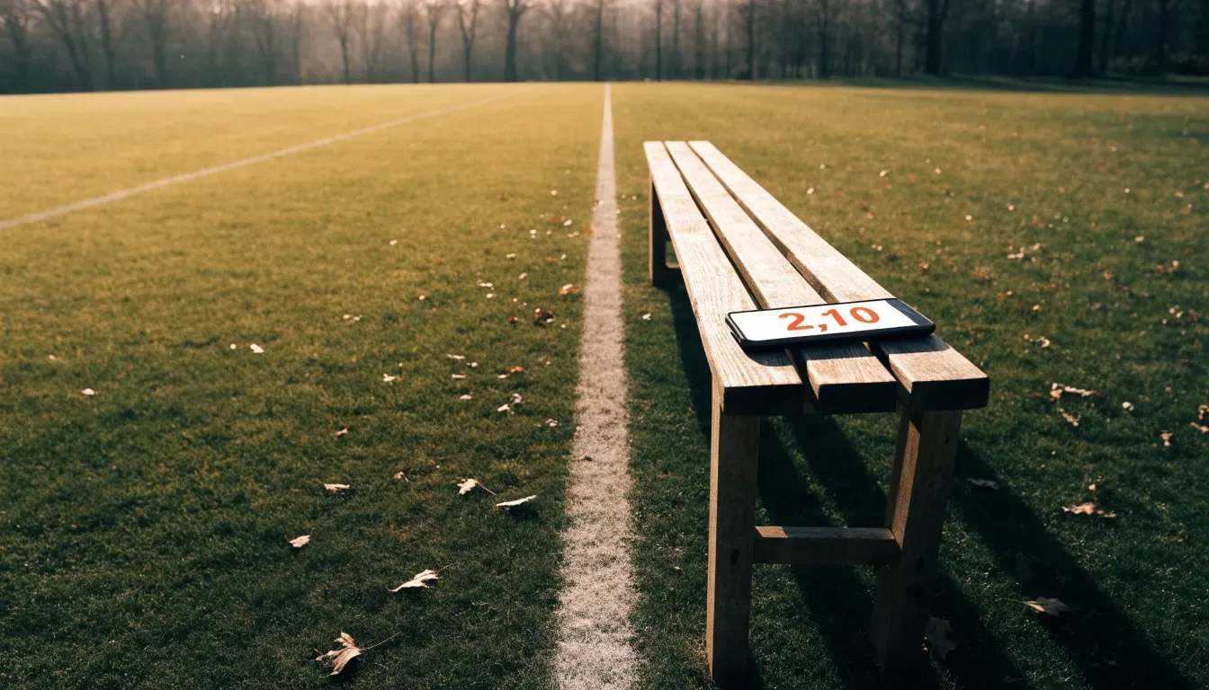 Eine hölzerne Bank steht an der Seitenlinie eines leeren Sportplatzes, dahinter Bäume im Herbstlicht.