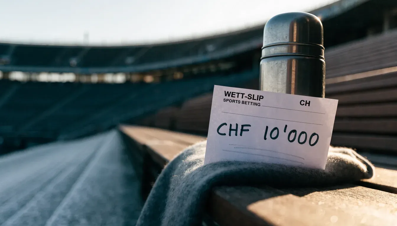 Ein grauer Wollschal und eine Thermoskanne liegen auf einem Sitz im winterlichen Stadion, Raureif liegt auf den Stufen.