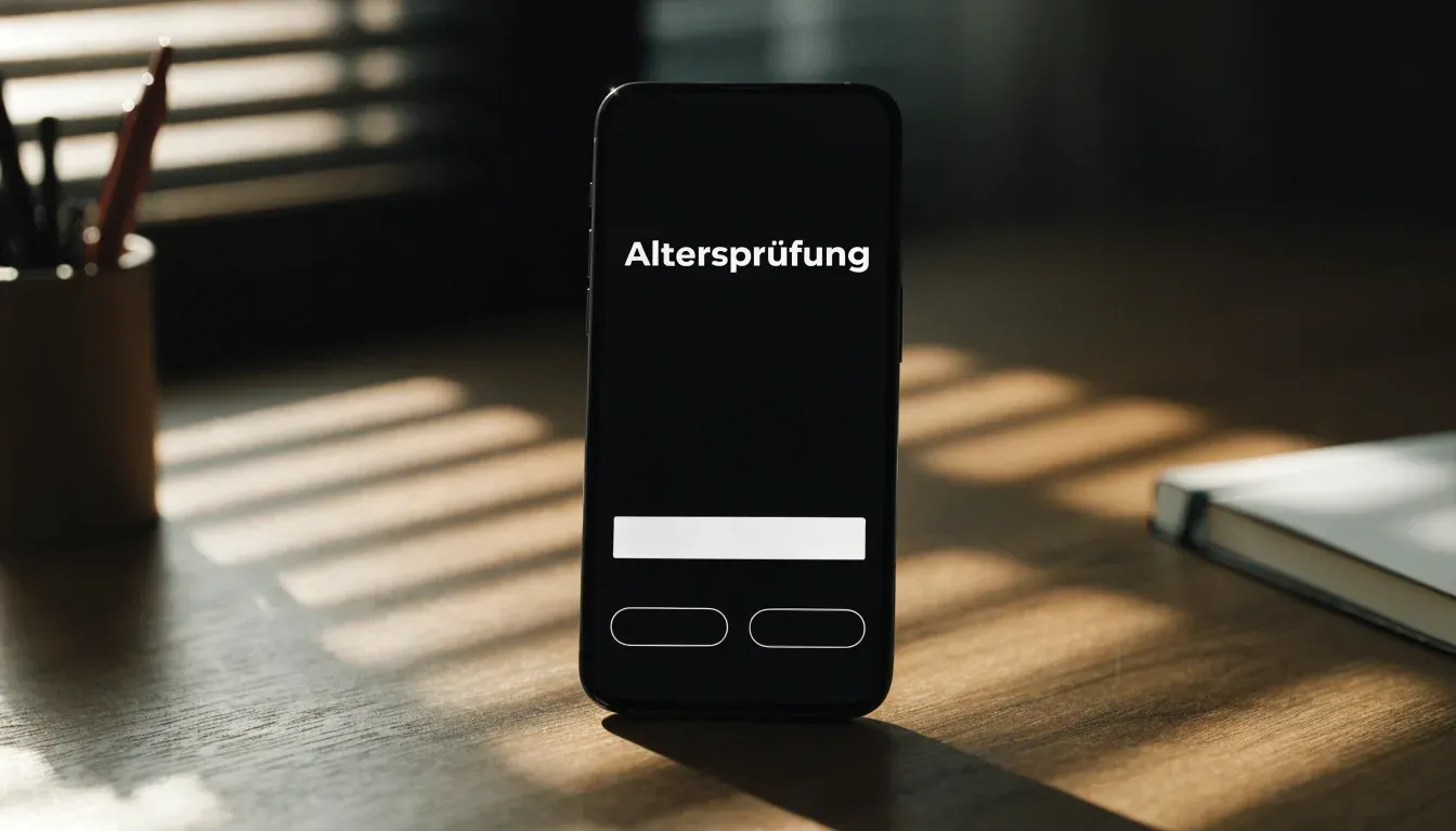 Streifen von Sonnenlicht fallen durch eine Jalousie auf einen Schreibtisch mit Stiften.